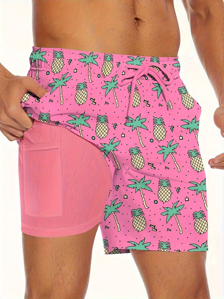 Men's Summer Casual Shorts - Breathable Polyester & Spandex Blend, Non-Stretch, Machine Washable with Trendy Pineapple Print