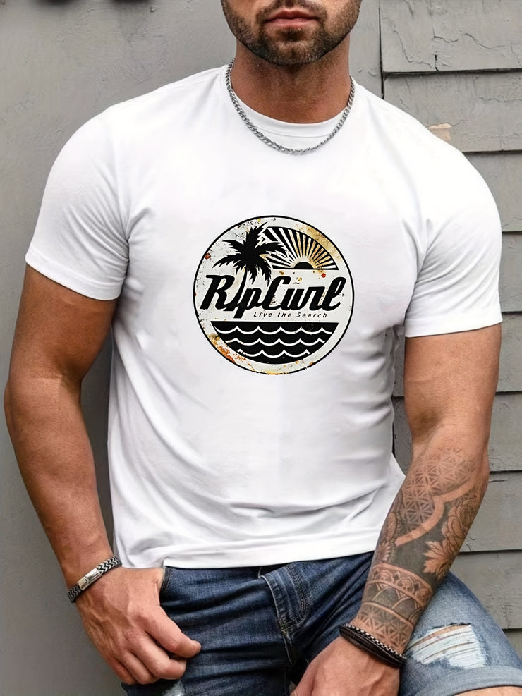 Plus Size, Wave Print, Men's Trendy Comfy T-shirt, Casual Stretchy Breathable Short Sleeve Top For Summer Outdoor, Men's Clothing - The Shacktique