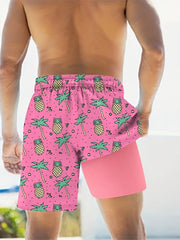 Men's Summer Casual Shorts - Breathable Polyester & Spandex Blend, Non-Stretch, Machine Washable with Trendy Pineapple Print