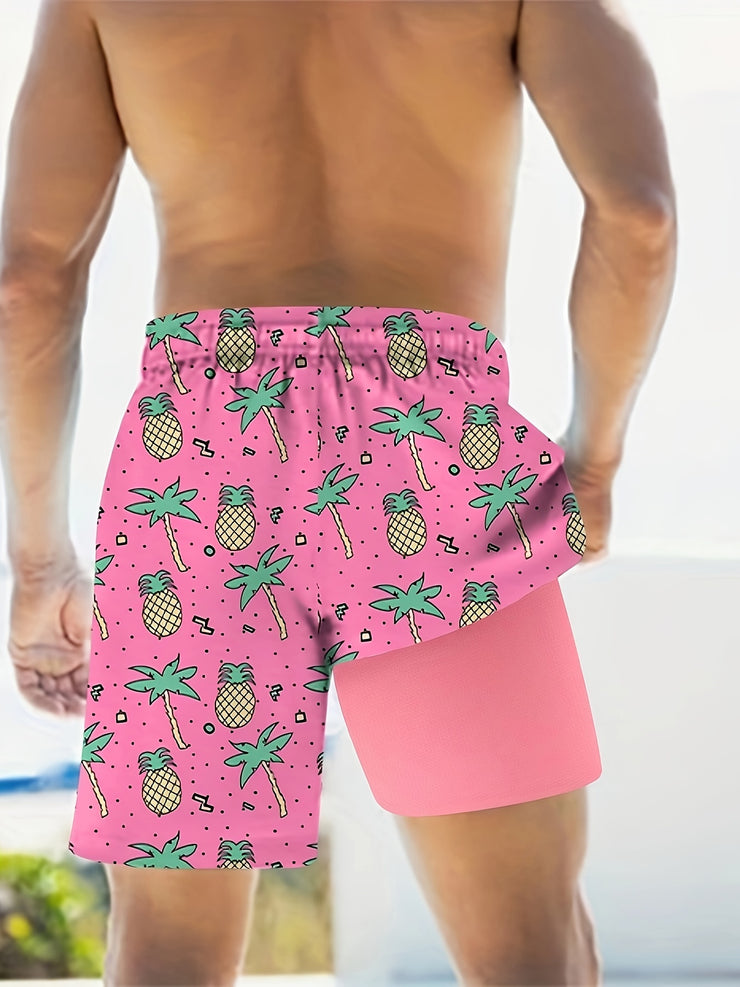 Men's Summer Casual Shorts - Breathable Polyester & Spandex Blend, Non-Stretch, Machine Washable with Trendy Pineapple Print