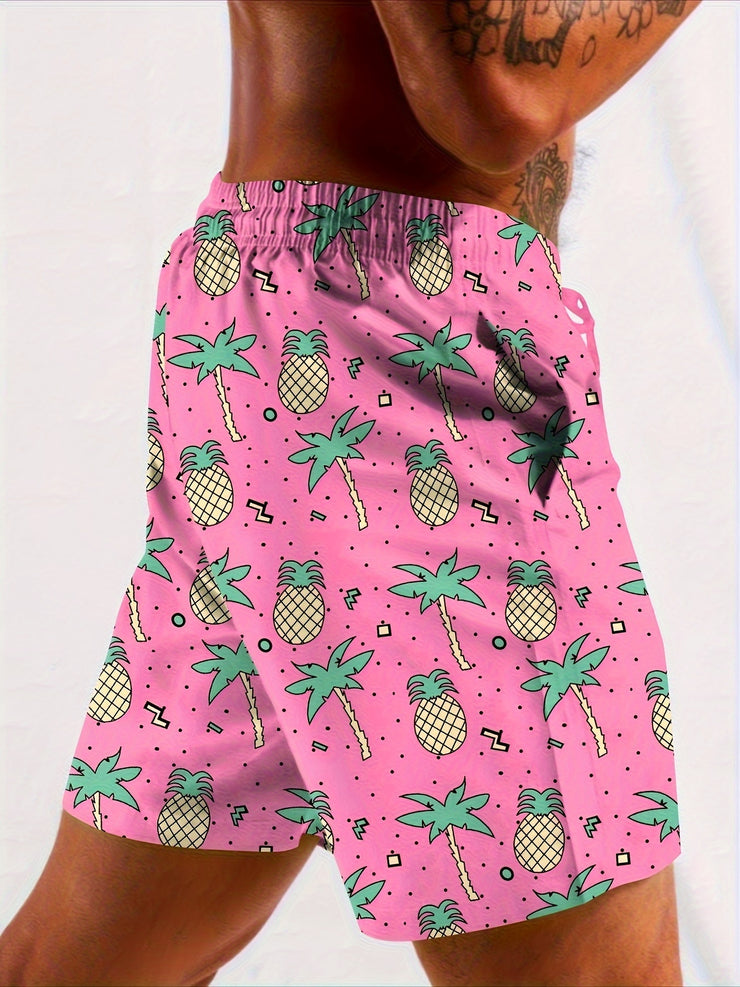 Men's Summer Casual Shorts - Breathable Polyester & Spandex Blend, Non-Stretch, Machine Washable with Trendy Pineapple Print